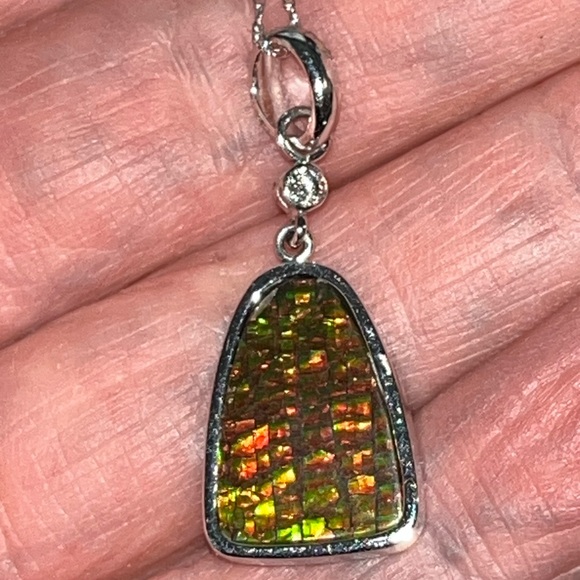 14k Ammolite and Diamond White Gold Pendant Necklace - Picture 9 of 17